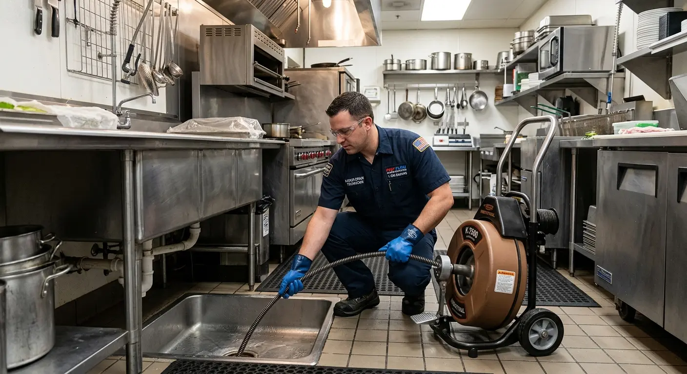 Commercial drain cleaning service in a restaurant kitchen in Fresno