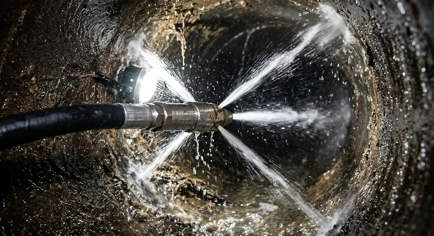 High-pressure hydro jetting nozzle cleaning sewer pipe for Sewer Cleanout in Fresno